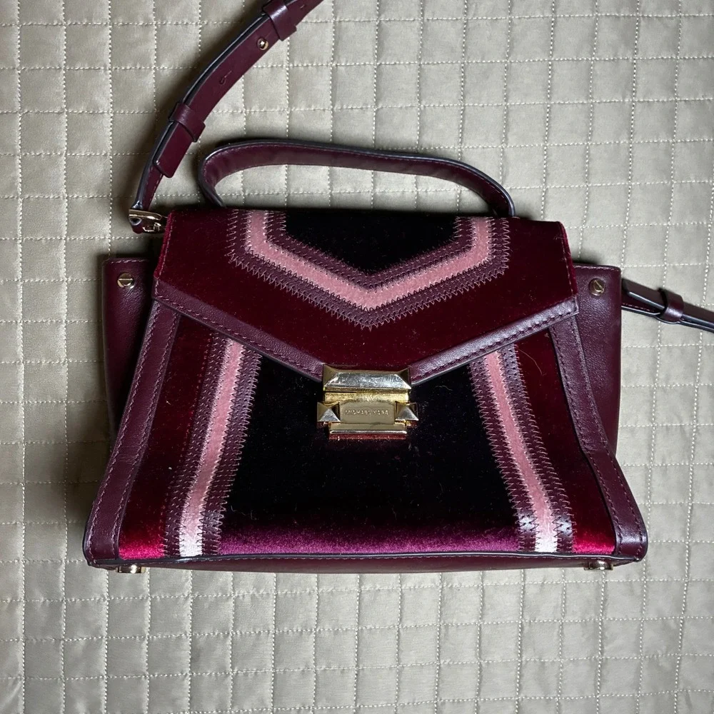 Michael Kors Whitney Medium Satchel Oxblood Velvet Leather Crossbody Handbag Bag